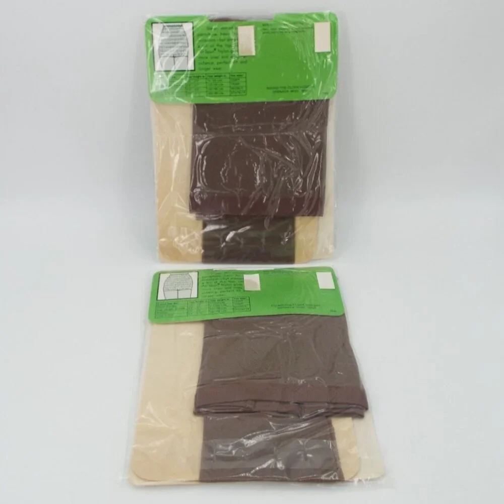 Vintage Pair Round the Clock Pretty Panty Satin Taupe Reinforced Toe Pantyhose